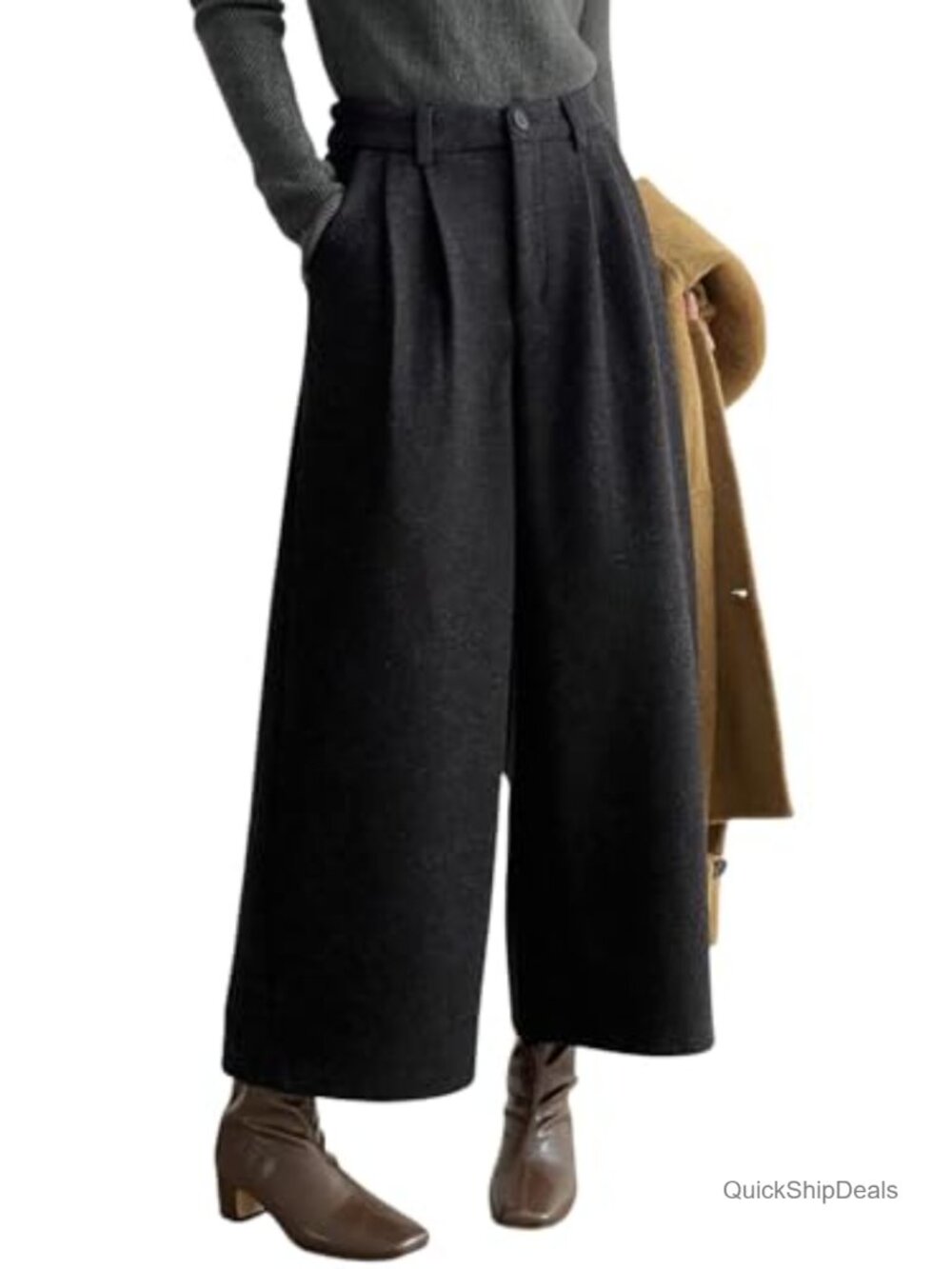 Women's Wool Blend High Waisted Wide Leg Cropped Pants Palazzo Culottes